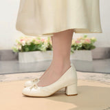 Gentle Satin Bow Block Heel Pumps, Ivory Jacquard Slip-On Shoes For Work & Parties
