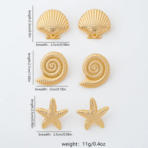 3-Pair Fashionable Casual Ocean-Style Earring Set Featuring Starfish