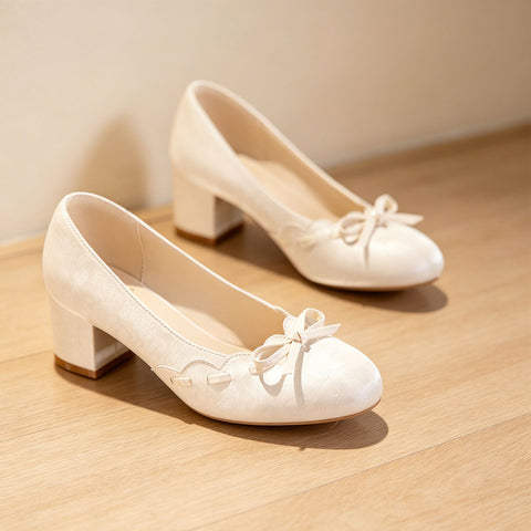 Gentle Satin Bow Block Heel Pumps, Ivory Jacquard Slip-On Shoes For Work & Parties