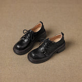 Women's Handmade Full-Grain Sheepskin Platform Oxfords, Chunky Heel Lace-Up Buckle Brogue Shoes