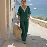 Fashionable V-neck Embroidered Top With Casual Wide-leg Pants Elegant Womens Set