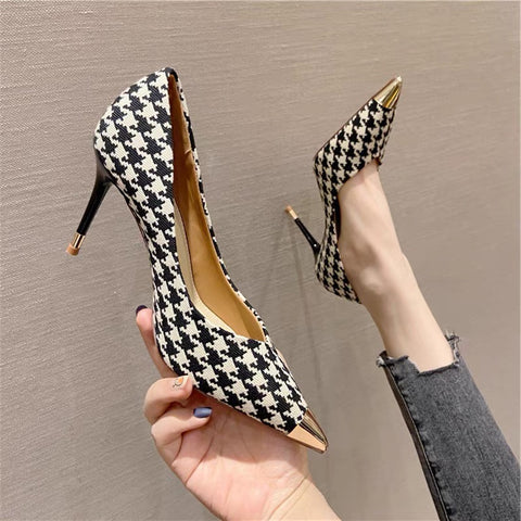 Ladies Plaid Pointed Toe Stiletto Pumps