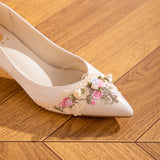 Mint-colored Jacquard Pointed Kitten Heels And Women's Shoes. Lace Flower Embroidery Low-cut Sandals. Gentle And Elegant High-heeled Shoes. Formal And Casual Lady Shoes For Events.