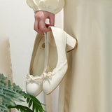 Gentle Satin Bow Block Heel Pumps, Ivory Jacquard Slip-On Shoes For Work & Parties