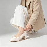 Gentle Satin Bow Block Heel Pumps, Ivory Jacquard Slip-On Shoes For Work & Parties