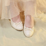 Gentle Satin Bow Block Heel Pumps, Ivory Jacquard Slip-On Shoes For Work & Parties