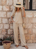 Fashionable V-neck Embroidered Top With Casual Wide-leg Pants Elegant Womens Set